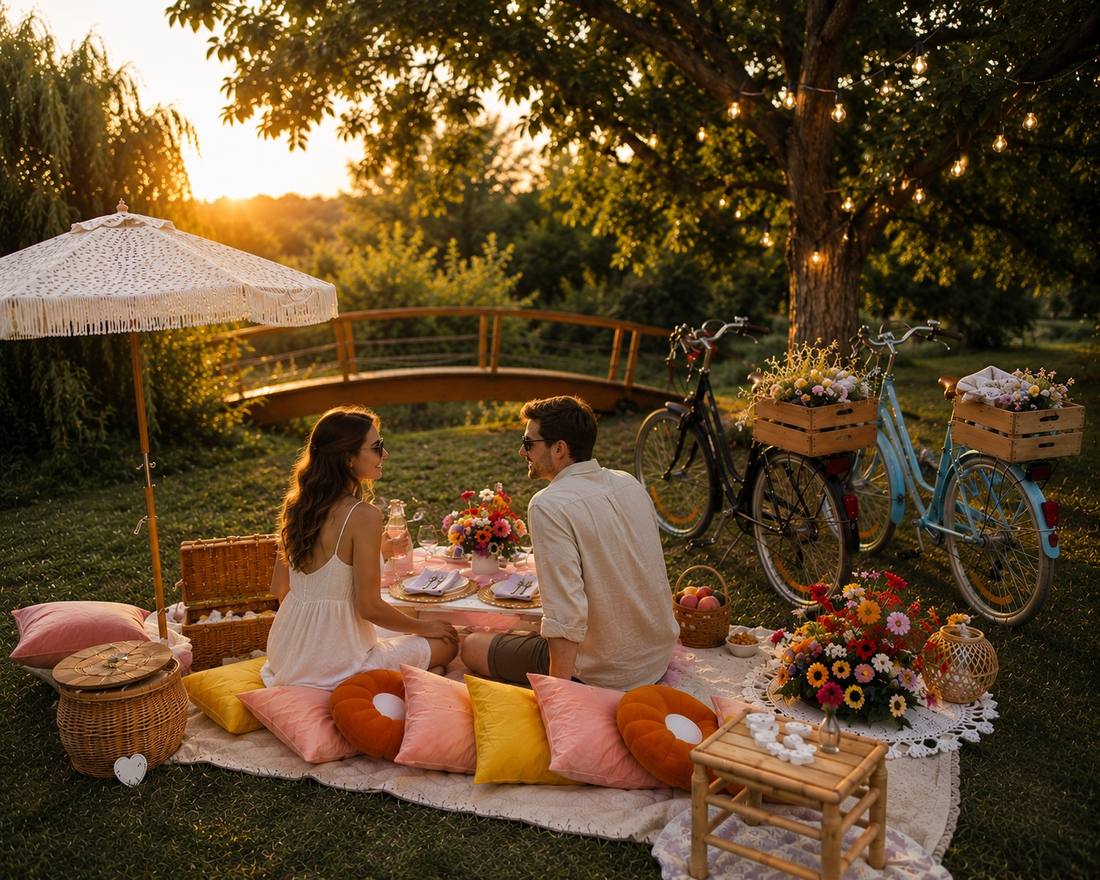 Megterített piknik a fűben, naplementében, vintage kerékpárokkal a háttérben